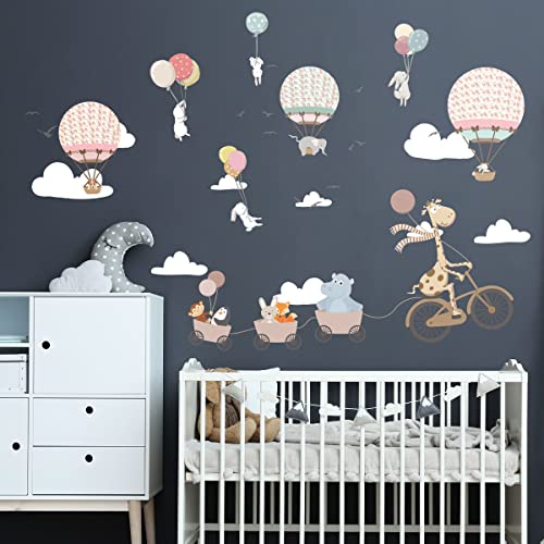 Wandtattoo Kinder - Dekoration Babyzimmer - Wandtattoo Kinderzimmer - Wandaufkleber Tiere und Heißluftballon in den Wolken - H90 x 60 cm von Ambiance Sticker