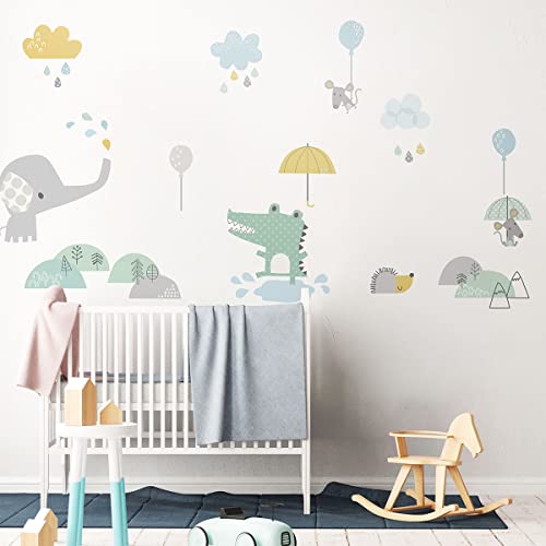 Wandtattoo Kinder Dekoration Babyzimmer Wandtattoo Kinderzimmer Wandaufkleber Wandsticker Tiere Glückliche Tiere im Regen H90 x 60 cm von Ambiance Sticker