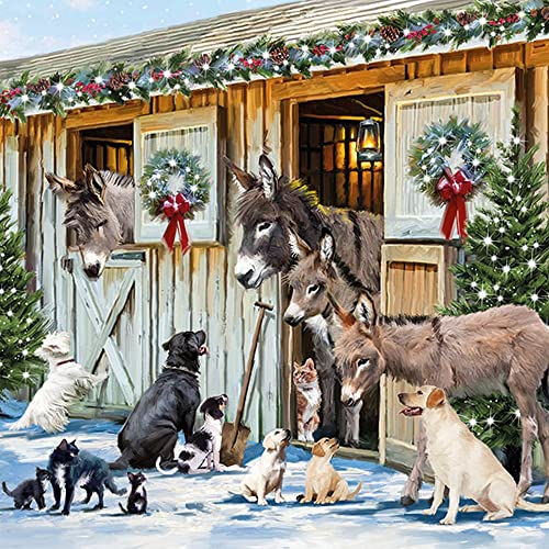 20 Servietten Tiere besuchen sich im Winter | Esel | Hund | Bauernhof | Weihnachten | Tischdeko | Fest | Feier | basteln | Decoupage | Serviettentechnik 33x33cm von Ambiente