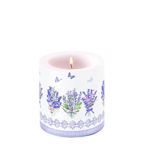 Ambiente Kerze Stumpenkerze Wachswindlicht 9 cm hoch Paraffinwachs 35h Brenndauer Tischdekoration Lavendel Garten Landhaus in pastell Farben Serie lovely lavender von Ambiente