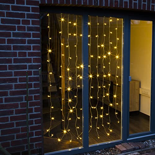 Lichtervorhang bodentiefe Fenster und Balkontüren 120 warmweiße LEDs | 1m x 2m | 10 Lichtstränge mit je 12 LED Lampenabstand 16,7cm transparentes Kabel | Zuleitung 5m (Lichtervorhang, 120er 1x2m) von Ambients