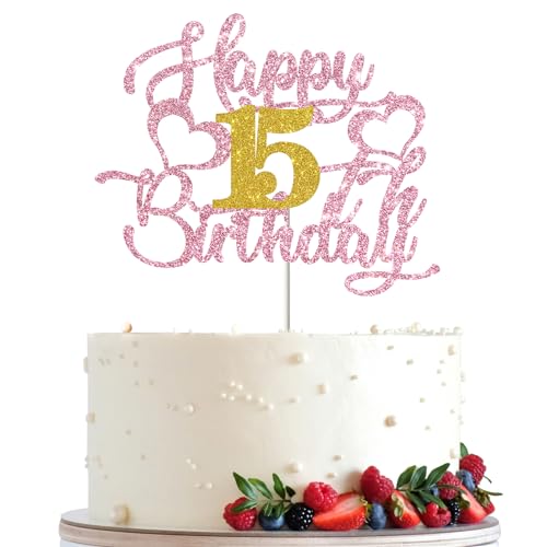 Ambishi Pink Glitter Happy 15th Birthday Cake Topper, Girls 15th Birthday Party Favors Cake Decor, Cheers to 15 Years Sign Cake Picks, 15th Birthday Party Decoration Photo Booth Props (15th) von Ambishi
