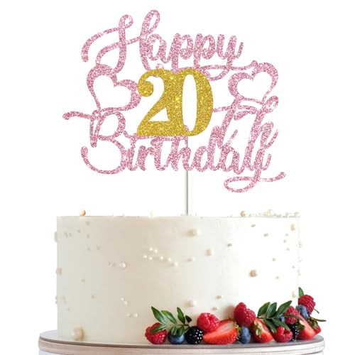 Ambishi Pink Glitter Happy 20th Birthday Cake Topper, Girls 20th Birthday Party Favors Cake Decor, Cheers to 20 Years Sign Cake Picks, 20th Birthday Party Decoration Photo Booth Props (20th) von Ambishi
