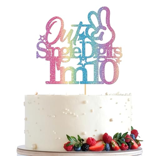Out Tortenaufsatz mit der Aufschrift "I'm 25.4 cm, Cheers to 10 Years Old Ten, fabelhafte Kuchendekorationen für den 10. Geburtstag, Partyzubehör (Regenbogenfarben) von Ambishi