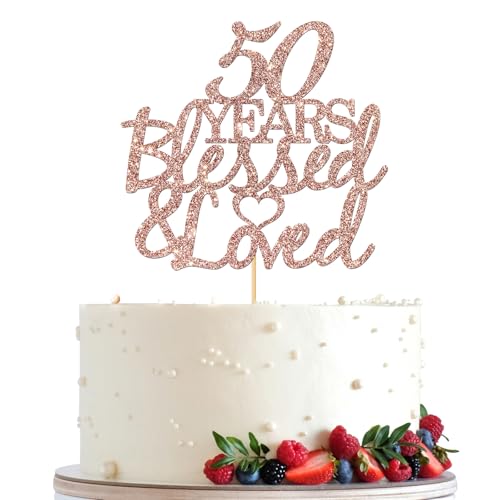 Tortenaufsatz "50 Years Blessed & Loved" mit rotgoldenem Glitzer, Party-Dekoration zum 50. Geburtstag/Hochzeitstag von Ambishi