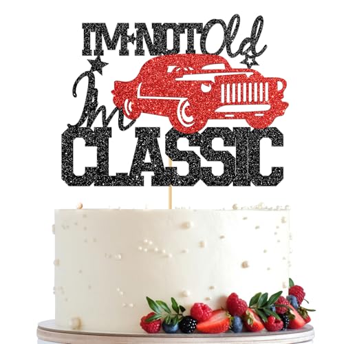 Tortenaufsatz mit Aufschrift "I'm not Old I'm Classic", Vintage-Auto-Geburtstagsparty-Dekoration, Schwarz und Rot, Glitzer, Party-Dekoration für den 40., 50., 60., 70., 80., 90., 100. Geburtstag von Ambishi