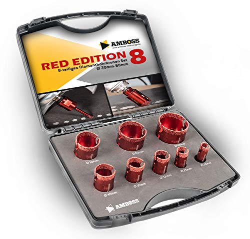 Amboss RED EDITION 8 M14 Set Ø 20/25 / 32/35 / 40/50 / 60/68 mm Diamant Bohrkrone - für Winkelschleifer - Trockenbohrkrone, Lochsäge, Lochbohrer für Feinsteinzeug, harte Fliesen, Granit Amboss RED EDITION 8 M14 Set Ø 20/25 / 32/35 / 40/50 / 60/68 mm Diamant Bohrkrone - für Winkelschleifer - Trockenbohrkrone, Lochsäge, Lochbohrer für Feinsteinzeug, harte Fliesen, Granit von Amboss Werkzeuge