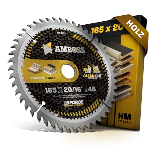 HM Kreissägeblatt 165x20 16 Z48 Wechselzahn für Akku Holz - Super Feinschnitt. AMBOSS WERKZEUGE® Sägeblatt 165mm +Reduzierring 16 20mm. 165x20 165x16 komp. zu Bosch GKS 18v-57g. GKT 55 GCE Makita SP60 von Amboss Werkzeuge