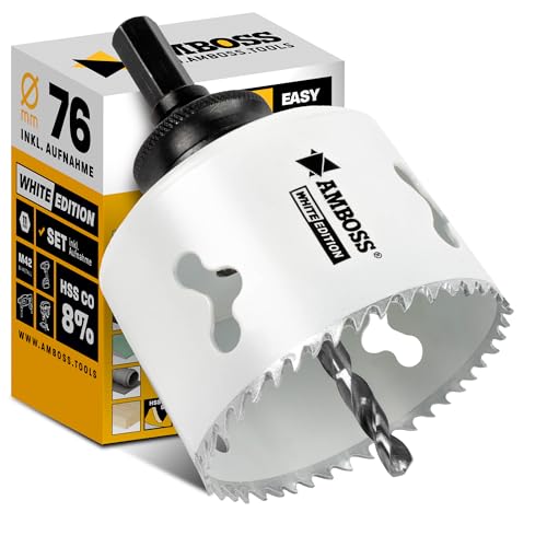 Lochsäge 76 mm - Amboss Bi-Metall (inkl. 6-kant Standard-Aufnahme) ideal für Hohlwanddose, LED-Spot, Steckdose in Gipskarton/Holz von Amboss Werkzeuge