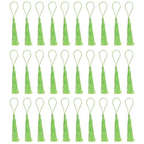 30 Stück Lesezeichen-Quasten, Mini-Quasten, seidige Quasten für Lesezeichen, handgefertigte Lesezeichen, Quasten für Harz, Bastelbedarf und Heimdekoration (Fluorescent Green) von Amdonalo