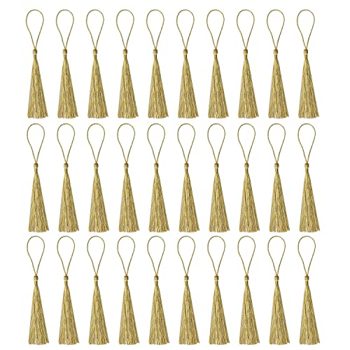 30 Stück Lesezeichen-Quasten, Mini-Quasten, seidige Quasten für Lesezeichen, handgefertigte Lesezeichen, Quasten für Harz, Bastelbedarf und Heimdekoration (Soilgold) von Amdonalo