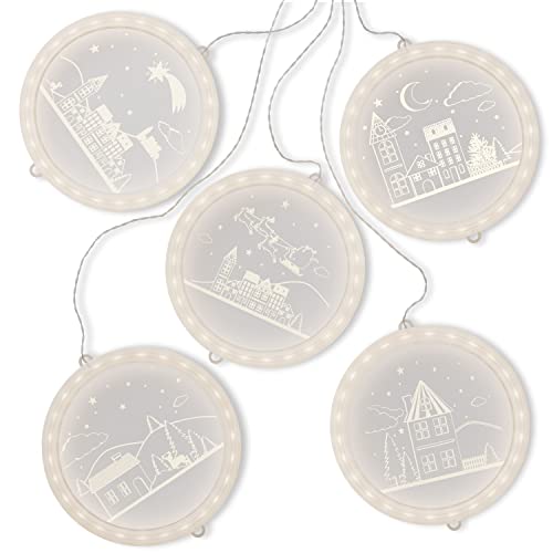 AmeliaHome LED Fensterdekoration Acrylanhänger Lichterkette 5er Set USB Lichterkettenvorhang Weihnachtsdeko rund Christmas City von AmeliaHome