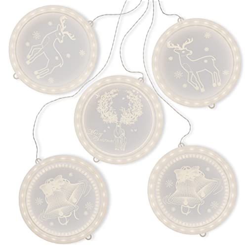 AmeliaHome LED Fensterdekoration Acrylanhänger Lichterkette 5er Set USB Lichterkettenvorhang Weihnachtsdeko rund Reindeers Mess von AmeliaHome
