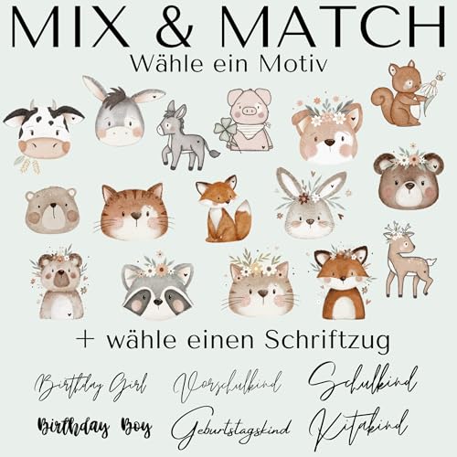 Bügelbild Set,Motiv & Schriftzug wählbar,Tiere Aquarell Optik,Kuh,Esel,Fuchs,Waschbär,Katze,Schulkind,Kitakind,Geburtstagskind,Aufbügelbild für Textilien,DIY,Schultüte,Erster Schultag,Einschulung,2025 Bügelbild Set,Motiv & Schriftzug wählbar,Tiere Aquarell Optik,Kuh,Esel,Fuchs,Waschbär,Katze,Schulkind,Kitakind,Geburtstagskind,Aufbügelbild für Textilien,DIY,Schultüte,Erster Schultag,Einschulung,2025 von Ameloua