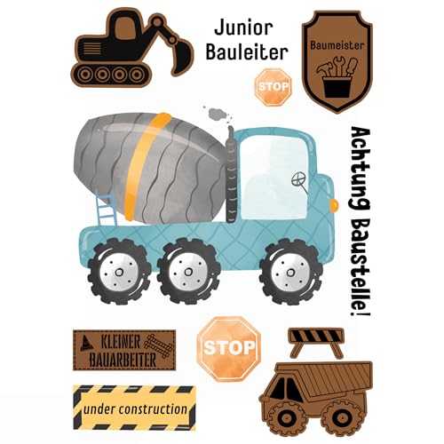 Bügelbild Set Baustelle für Textilien Kinder–Aufbügler mit Betonmischer,Kipplaster,Bagger,Abzeichen&mehr–DIN A5,Einschulung,Geburtstag,T-Shirt,Turnbeutel,Kostüm,DIY,Kitastart,Geschenk,Rucksack von Ameloua