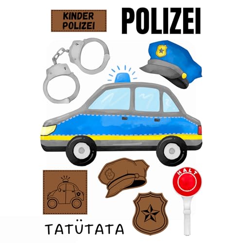 Bügelbild Set Polizei für Textilien Kinder – Aufbügler mit Polizeiauto,Tatütata,Schriftzug,Abzeichen&mehr – DIN A5, Einschulung,Geburtstag,T-Shirt,Beutel,Kostüm,DIY,Kitastart,Geschenk,Rucksack von Ameloua