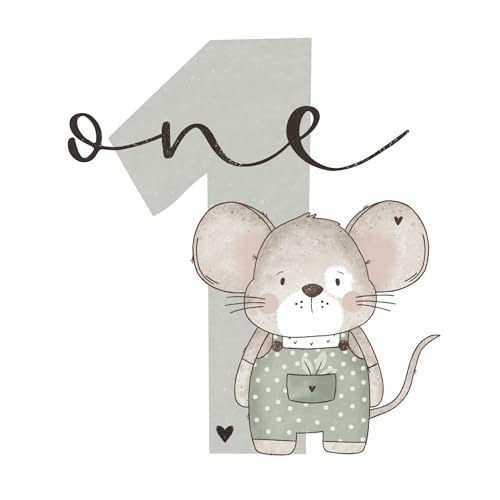 Bügelbilder Geburtstagszahl 1 mit Löwe, Gänseblümchen, Maus, Pferd, Aufbügler für Kindergeburtstag, T-Shirt, DIY Geschenk, Geburtstag Zahl, Erster Geburtstag, 1.Geburtstag, Iron on (Maus grün) von Ameloua