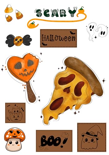 Halloween Bügelbild Set,11 Motive auf ca. DIN A5,zum Aufbügeln auf Textilien,waschmaschinenfest,langlebig,Kürbis,Geister,Pizza,Schriftzüge,Geburtstag,T-Shirt,Beutel,Kostüm,DIY,Geschenk von Ameloua