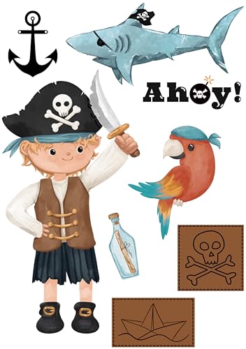 Piraten Bügelbild Set,8 Motive auf ca. DIN A5,zum Aufbügeln auf Textilien,waschmaschinenfest,langlebig,Pirat,Papagei,Hai,Anker,Ahoy,Geburtstag,T-Shirt,Beutel,Kostüm,DIY,Geschenk,Kinder,Verkleidung von Ameloua