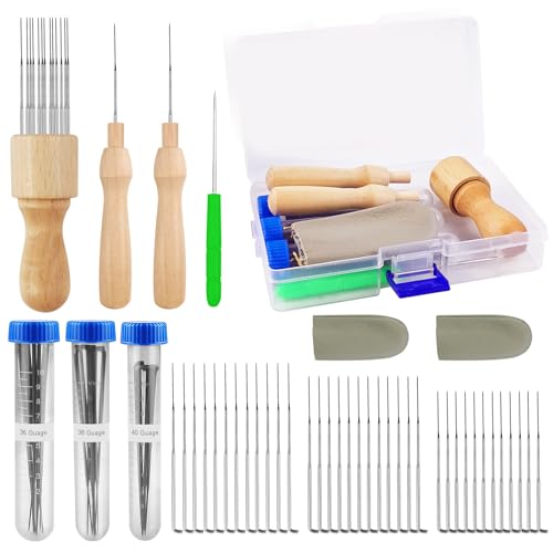 Amentalove 44PCS Nadelfilz Set, Filznadeln Set, Filznadeln zum Trockenfilzen mit Filznadeln in 3 Größen, Nadelgriffe aus Holz,Nadelflaschen,Fingerbett, Wollfilzwerkzeug Set zum Wollfilzen für Anfänger von Amentalove