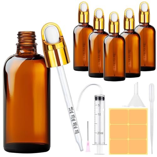 Amentalove Pipettenflasche 10ml 100ml, Braunglas Pipettenflasche, Tropfflasche, Apothekerflasche Braunglas mit Trichter und Spritze, Braunglasflasche für Ätherische Öl Parfümöle (2x100ml+2x10ml) von Amentalove