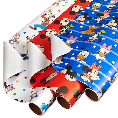 American Greetings Disney Geschenkpapier-Set mit Gitterlinien für Kindergeburtstag, Babyparty und alle Gelegenheiten, Mickey Mouse, Minnie Mouse, Pluto und Polka Dots (3 Rollen, 76,2 cm x 4,3 m) von American Greetings