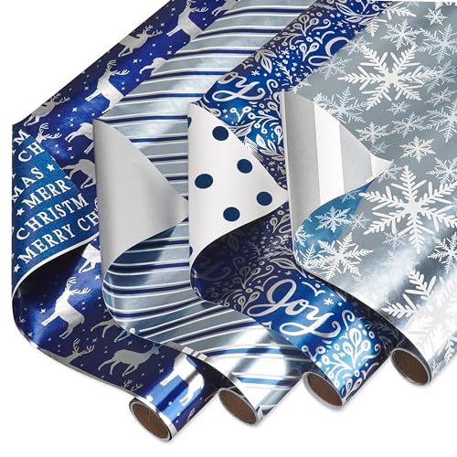 American Greetings Geschenkpapier-Set für Weihnachten, alle Feiertage, blaue und weiße Streifen (4 Rollen 76,2 cm x 2,4 m) von American Greetings