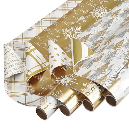 American Greetings Goldfarbenes Geschenkpapier-Set (Schneeflocken) für Weihnachten, Neujahr und alle Feiertage (4 Rollen 76,2 cm x 2,4 m) von American Greetings