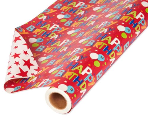 American Greetings Wendbares Geschenkpapier, "Happy Birthday"-Schriftzug und Sterne, 1 Jumbo-Rolle, 175 m² von American Greetings