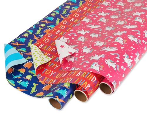 American Greetings Wendbares Geschenkpapier für Kinder, Dinosaurier und Einhörner (3 Rollen, 120 m²) von American Greetings