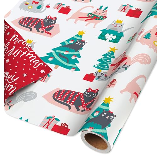 American Greetings Wendbares Weihnachts-Geschenkpapier, Katzen und Schriftzug "Merry Christmas" (1 Rolle, 175 m²) von American Greetings