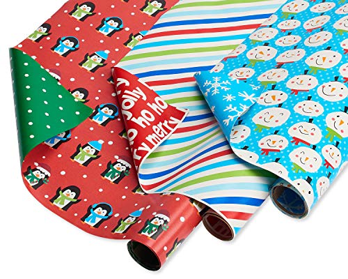 American Greetings Wende-Geschenkpapier, Weihnachten, gestreift, blaue Schneemänner und rote Pinguine (3 Rollen, 120 m²) von American Greetings
