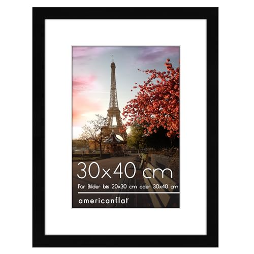 Americanflat 30x40 cm Bilderrahmen aus MDF-Holz mit 20x30 cm Passepartout - 40x30 cm Fotorahmen mit Plexi-Scheibe und integrierter Aufhängung für Hoch- und Querformat - Schwarz von Americanflat