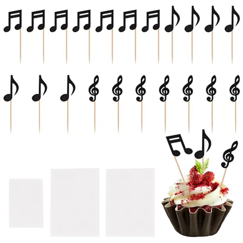 Amexo Musiknoten Ausschnitte Tortendeko, 24 Stück Cupcake-Topper mit Musiknoten, Noten Deko, Musik Party Dekorationen Glitzer Kuchen Deko, Musical Symbol Cupcake Toppers für Rock Musikpartys (Schwarz) von Amexo