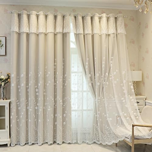 Amidoudou 1 Paar doppellagige Blumenvorhänge für Wohnzimmer, pastoralen Stil, Blumen und Zweig, bestickte Vorhänge für Schlafzimmer (Beige, 168 x 228 cm) von Amidoudou