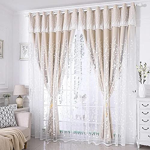 Amidoudou 1 Paar doppellagige Blumenvorhänge mit Volant für Mädchenzimmer, Wohnzimmer, pastorale Blumen und Blätter, bestickte Vorhänge für Schlafzimmer (Beige, 168 x 228 cm) von Amidoudou