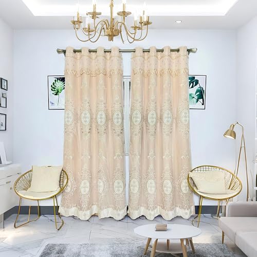 Amidoudou 1 Paar europäische Doppellagige Vorhänge mit Volants für Wohnzimmer Schlafzimmer Luxus 3D-Blumen bestickte Vorhänge (Kahaki, 132 x 228 cm) von Amidoudou