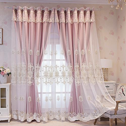 Amidoudou 1 Paar europäische doppellagige Vorhänge für Wohnzimmer bestickte doppellagige Vorhänge mit Volant für Schlafzimmer (Rosa, 168 x 213 cm) von Amidoudou
