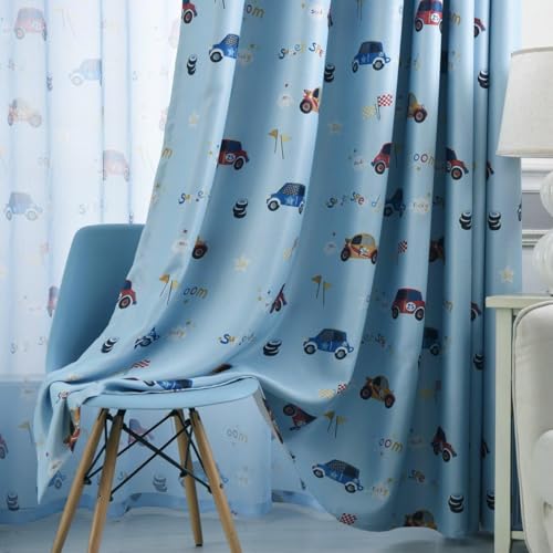 Amidoudou 2er-Set Vorhänge Auto Kinderzimmer,Vorhänge Kinderzimmer Junge,Vorhänge für Kleine Fenster (Blau,230 x 140 cm) von Amidoudou