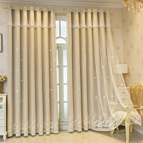Amidoudou Doppellagige Vorhänge für Mädchenzimmer, Wohnzimmer, luxuriös, Blumenmuster, bestickte Vorhänge für Schlafzimmer, Beige, 137 x 244 cm, 1 Paar von Amidoudou