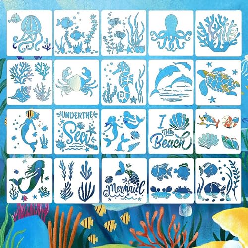 Amiiba 20 Stück wiederverwendbare Unterwasserwelt-Schablonen zum Malen, Basteln und Dekorieren, 13 x 13 cm (Unterwasserwelt) von Amiiba