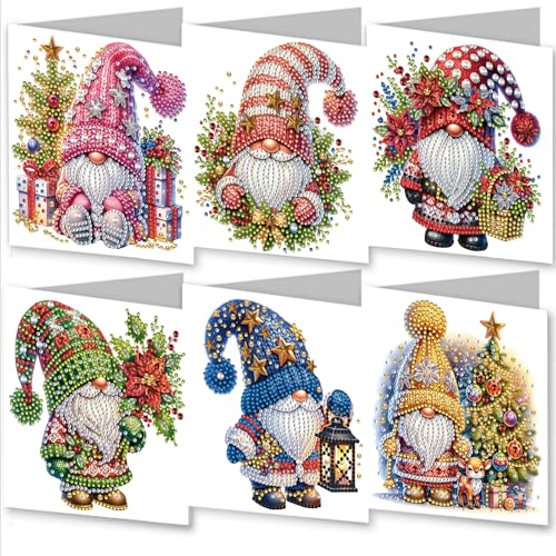 Amiiba 6 x Diamant-Kunst-Malerei-Grußkarten zum Selbermachen von Weihnachtswichteln, 5D-DIY-Kristallkunst-Karten-Sets mit Umschlägen, Postkarten für Handarbeit, 30 x 15 cm (Weihnachtswichtel) von Amiiba