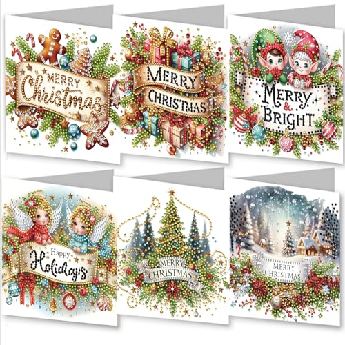 Amiiba 6 x Diamant-Kunstgemälde-Grußkarten zum Selbermachen von Weihnachtskarten, 5D-DIY-Kristallkunst-Karten-Sets mit Umschlägen, Postkarten für Handarbeit, 30 x 15 cm (Frohe Weihnachten) von Amiiba