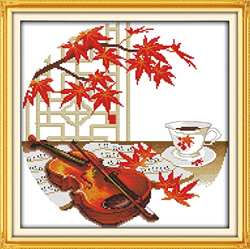 Amiiba Geigen-Kreuzstich-Set, Motiv: Violine, Musiknoten, Fensterbank, Kaffee, Ahornbaum, 11 Karat, 31,8 x 23,9 cm (Violine) von Amiiba