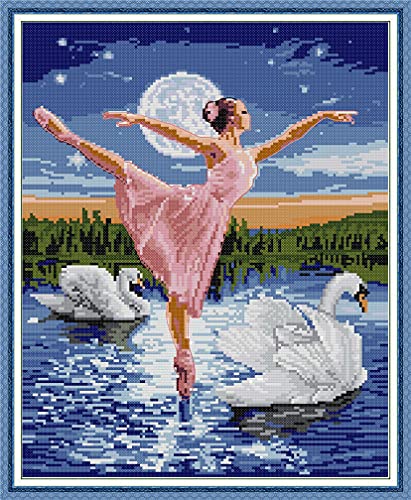 Amiiba Kreuzstich-Set, Motiv: Ballettmädchen, Sternennacht, Mond, Schwan, See, 11 Ft, 41,9 x 49,8 cm (Tänzerin) von Amiiba