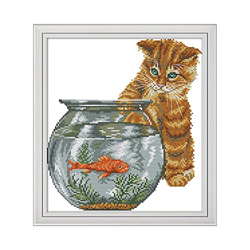 Amiiba Kreuzstich-Set, Motiv: Katze, Fischtank, 11 Ft, 35,8 x 38,9 cm (Katze) von Amiiba