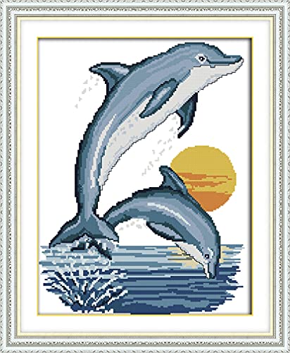 Amiiba Kreuzstich-Set, Motiv: Zwei Delphine, Sonnenuntergang, Ozean, 11 Ft, 43,9 x 54,9 cm (Delfin) von Amiiba