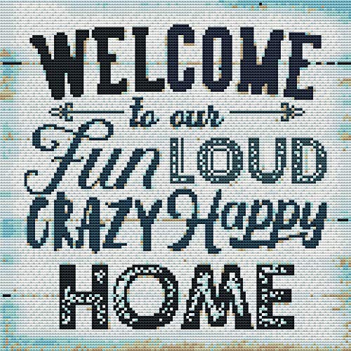 Amiiba Kreuzstich-Set, vorgedruckt, "Welcome Fun Loud Crazy Happy Home", 11 Karat, gestempelt, 35,8 x 35,8 cm, Stickset mit Muster (Happy) von Amiiba