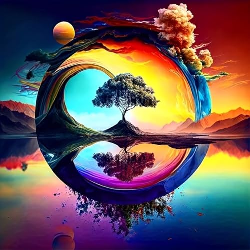 Amiiba Kreuzstich Set Vorgedruckt für Erwachsene Anfänger, Psychedelische abstrakte Baumreflexion 11ct Stickset Stickpackungen von Amiiba