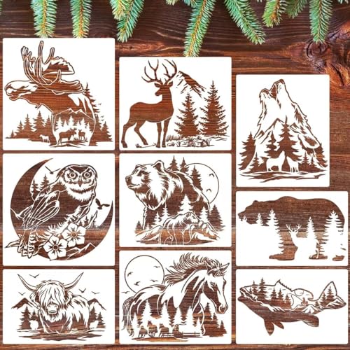 Amiiba Wiederverwendbare Wildnis-Schablonen für Malerei, Basteln und Dekorieren, 30 x 25 cm (Tier und Landschaft), 9 Stück von Amiiba